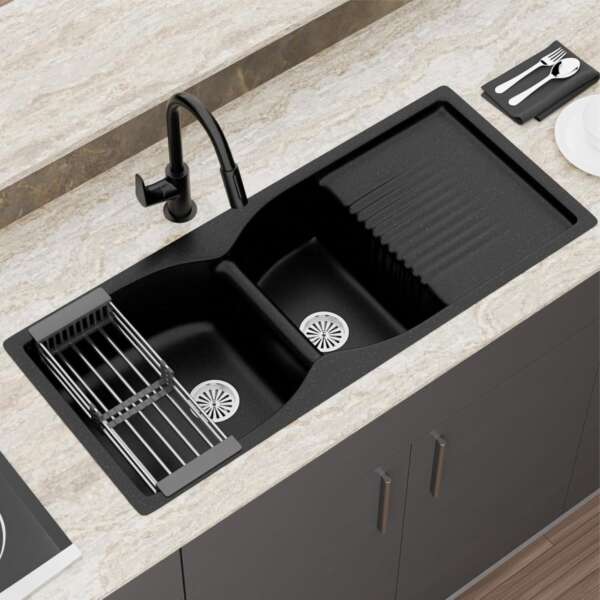 Double Bowl with Drain Board  Black( 40x18x8.5inch )