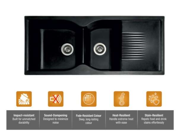 Double Bowl with Drain Board  Black( 40x18x8.5inch )